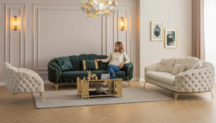 Komplett Wunnzëmmer 4-Teile stilvoll x2 3-Sëtzer Couch Modern 2x Fotell.