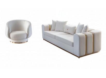 Wäisse Wunnzëmmer Sofa Set Polstermöbel 4-Sëtzer Stoff Relaxsessel 2tlg