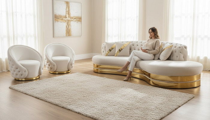 Exklusiv Chesterfield Sofaset Wohnzimmer Hallefkrees-Formt Sofa Sesselen.