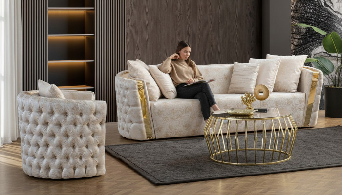 Chesterfield Beige Wunnzëmmer Canapéen Edelstol 3-Sëtzer Luxus 1-Sëtzer