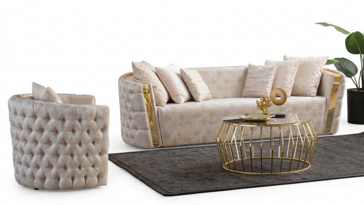 Chesterfield Beige Wunnzëmmer Canapéen Edelstol 3-Sëtzer Luxus 1-Sëtzer