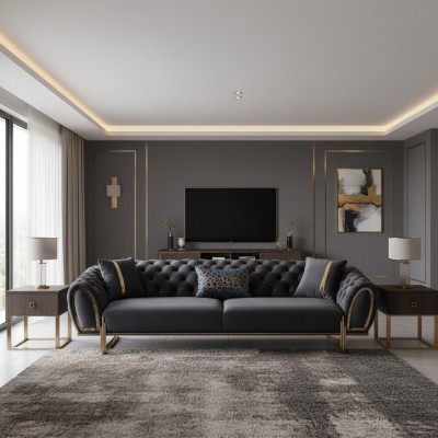 Schwaarz gepolstert Couch Designer Chesterfield Wunnzëmmer Polster Sofa