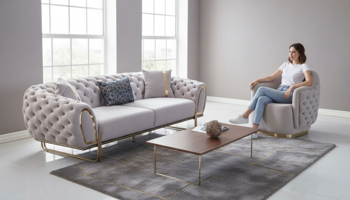 Chesterfield Wäisst Sofa Set Edlen 3-Sëtzer Exklusiven Sëtz 2 Deeler Nei