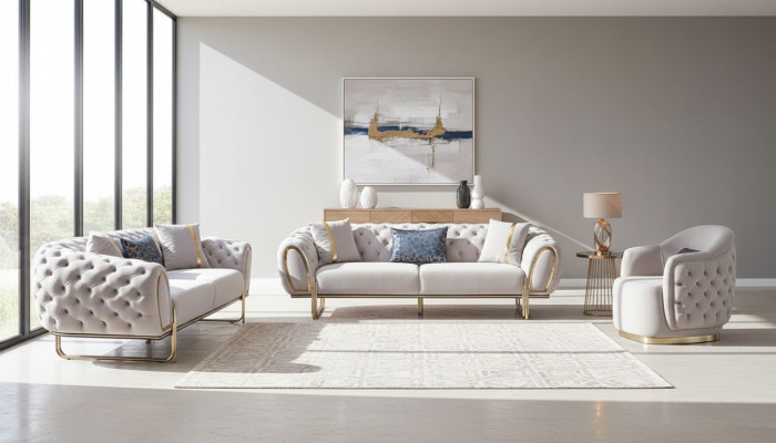 Chesterfield Wäisst Sofa Set Edlen 3-Sëtzer Exklusiven Sëtz 2 Deeler Nei