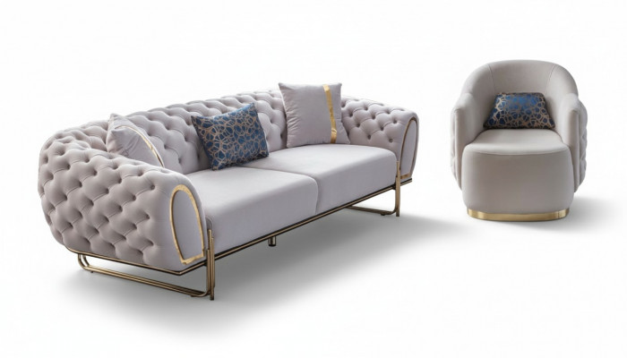 Chesterfield Wäisst Sofa Set Edlen 3-Sëtzer Exklusiven Sëtz 2 Deeler Nei