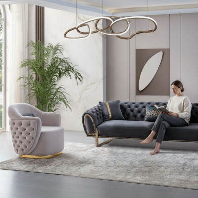 Schwaarz-Wäiss Chesterfield Sëtzgrupp Luxusauer 3-Sëtzer Einsëtzer