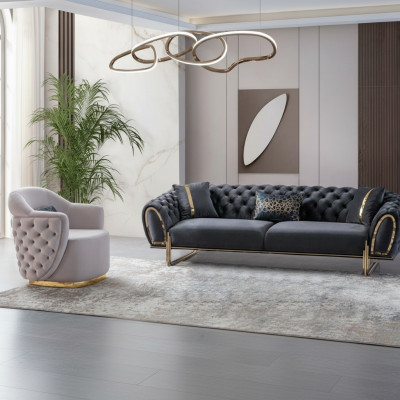 Schwaarz-Wäiss Chesterfield Sëtzgrupp Luxusauer 3-Sëtzer Einsëtzer
