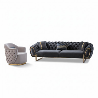 Schwaarz-Wäiss Chesterfield Sëtzgrupp Luxusauer 3-Sëtzer Einsëtzer