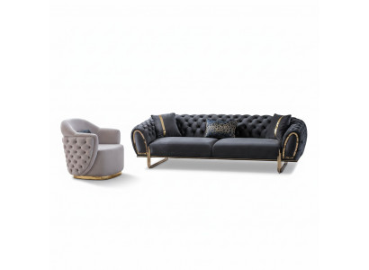 Schwaarz-Wäiss Chesterfield Sëtzgrupp Luxusauer 3-Sëtzer Einsëtzer