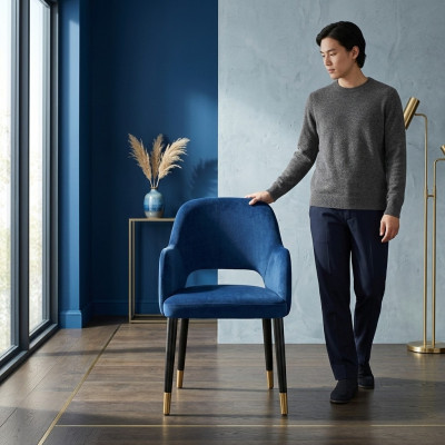 Bloë Polstersëtz Iesszëmmerstull Modern Kichenmiwwelen Designer Holzgestell