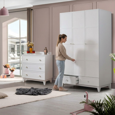 Luxuriéis Kannerzëmmer Wäiss Modern Garnitur Kleederschaf Kommode nei
