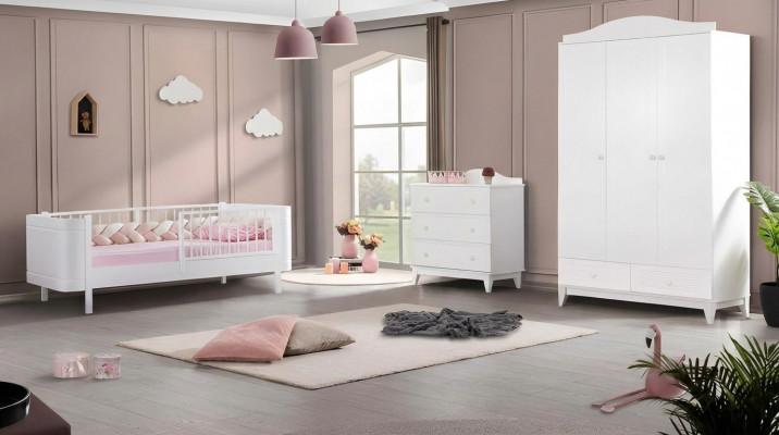 Modern Jugendzëmmer Kannerzëmmer Wäiss Set luxuriéis Bett Kleederschaf