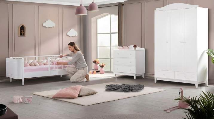 Modern Jugendzëmmer Kannerzëmmer Wäiss Set luxuriéis Bett Kleederschaf Kommoda