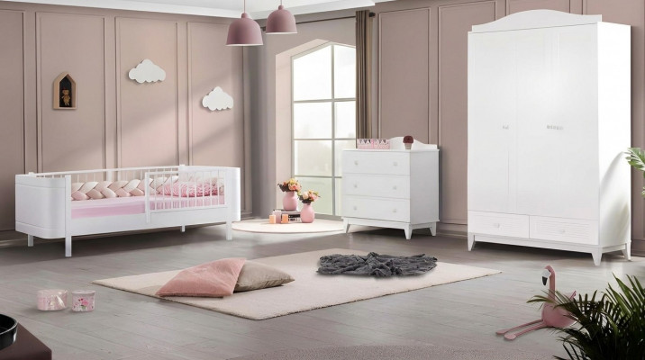 Modern Jugendzëmmer Kannerzëmmer Wäiss Set luxuriéis Bett Kleederschaf Kommoda