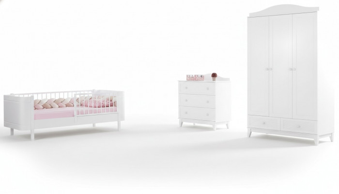Modern Jugendzëmmer Kannerzëmmer Wäiss Set luxuriéis Bett Kleederschaf Kommoda
