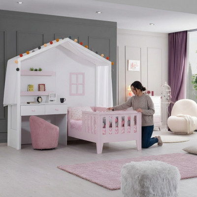 Komplett-Kannerzëmmer Garnitur Designer Kannerbett mat Schafpult Wäiss Kommode