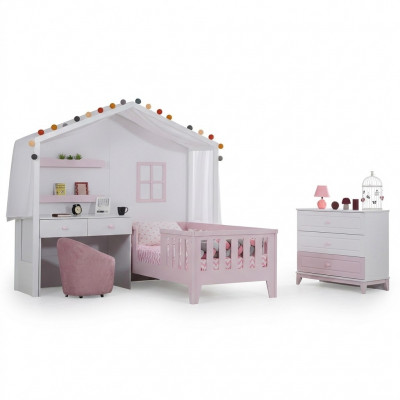 Komplett-Kannerzëmmer Garnitur Designer Kannerbett mat Schafpult Wäiss Kommode