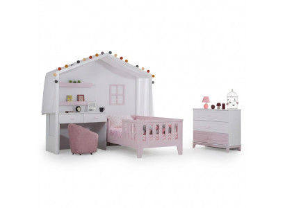 Komplett-Kannerzëmmer Garnitur Designer Kannerbett mat Schafpult Wäiss Kommode