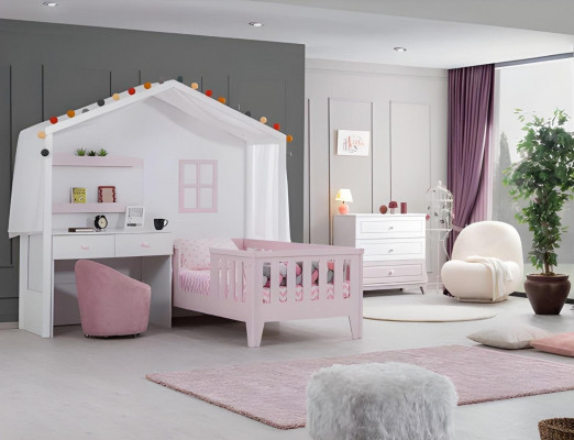 Kannerzëmmer Garnitur Modern Kandebett mat Schreifdësch Kommode Kleederschaf