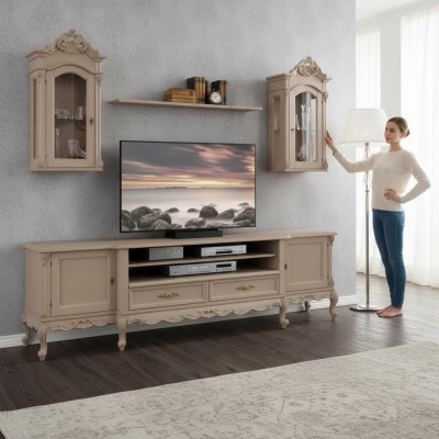 Wunnwand Lowboard Modern Wunnzëmmer Braun Regaler Holz 2x Wandvitrin Nei