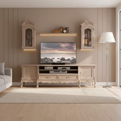 Wunnwand Lowboard Modern Wunnzëmmer Braun Regaler Holz 2x Wandvitrin Nei