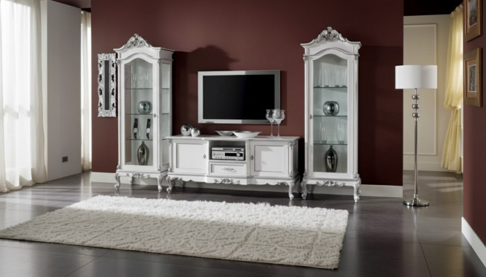Wunnzëmmer Set Mauerregal TV-Stänner Wunnwand 2x Vitrin Designe 3tlg. Nei