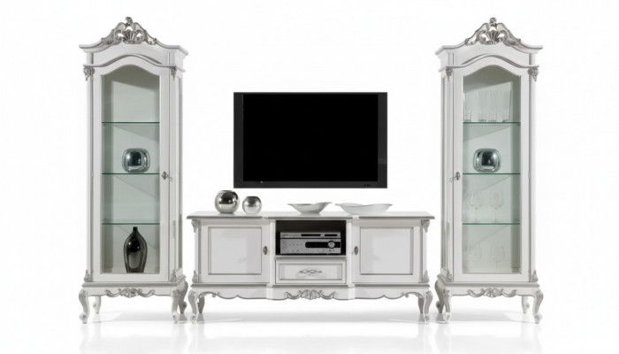 Wunnzëmmer Set Mauerregal TV-Stänner Wunnwand 2x Vitrin Designe 3tlg. Nei