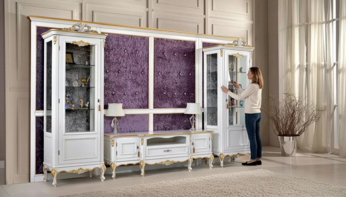 Wohnwand TV Stand RTV 2x Vitrine Holz Klassesch Wäiss Wunnzëmmer Nei