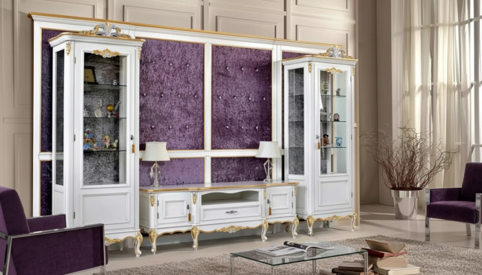 Wohnwand TV Stand RTV 2x Vitrine Holz Klassesch Wäiss Wunnzëmmer Nei