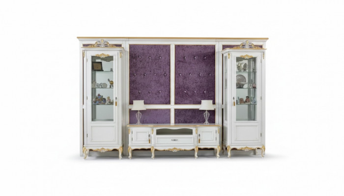 Wohnwand TV Stand RTV 2x Vitrine Holz Klassesch Wäiss Wunnzëmmer Nei