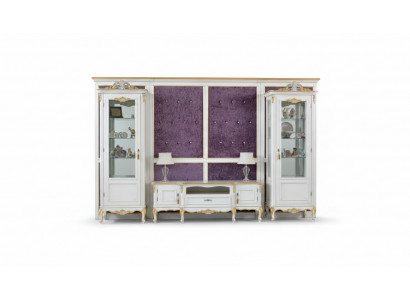 Wohnwand TV Stand RTV 2x Vitrine Holz Klassesch Wäiss Wunnzëmmer Nei