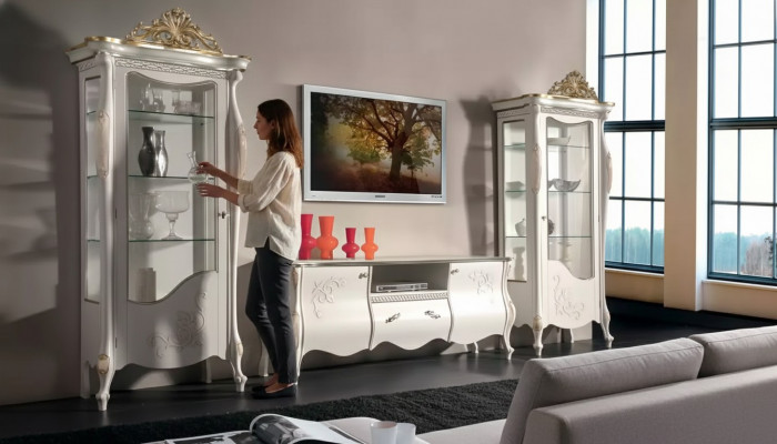 Klassesch Wäand Wunnzëmmer 2x Vitrin Sideboard TV Regal 3 Deeler.