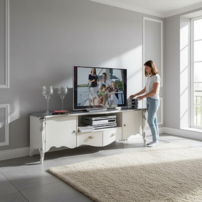 TV-Ständer RTV Lowboard Klassesch Wäiss Holz Modern Wunnzëmmer Nei