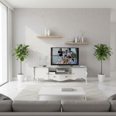 TV-Ständer RTV Lowboard Klassesch Wäiss Holz Modern Wunnzëmmer Nei