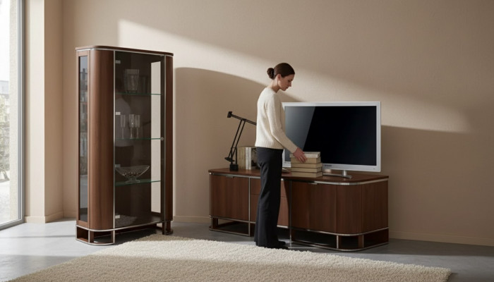 TV Ständer Fernseher Mauer Miwwelwand Lowboard Braun Héichglanz Vitrine
