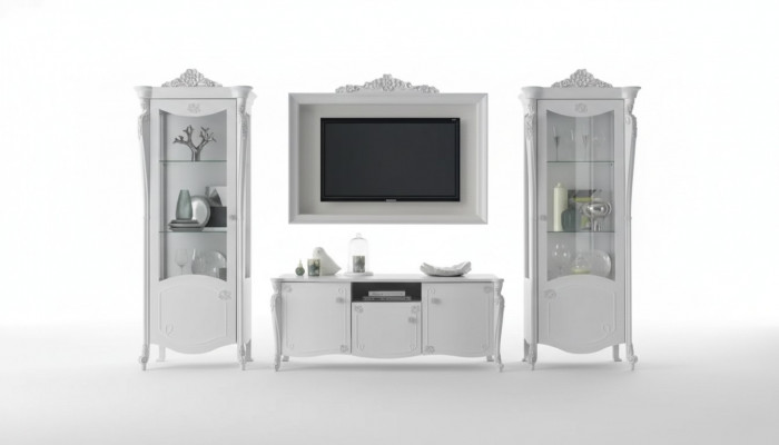 Wohnwand Wäiss Stil Design Lowboard TV-Kader Glas Schaf rtv tv Nei