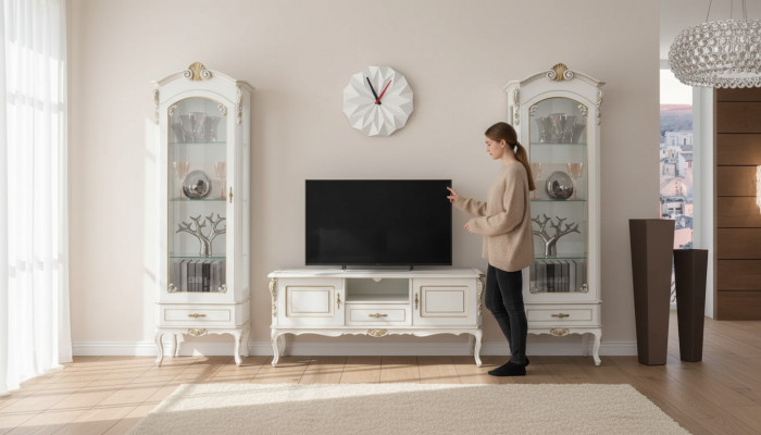 Set 3-deeleger Wunnwand TV-Ständer 2x Vitrinn Italienesche Stil Miwwelen Wäiss