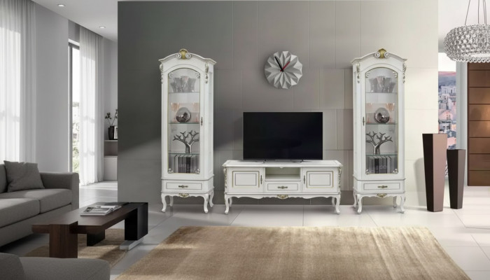 Set 3-deeleger Wunnwand TV-Ständer 2x Vitrinn Italienesche Stil Miwwelen Wäiss