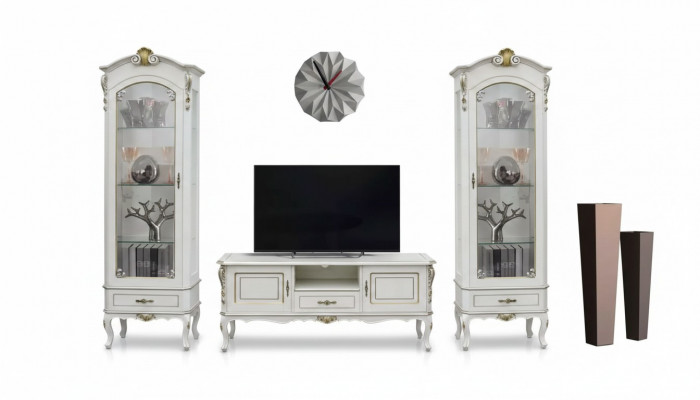 Set 3-deeleger Wunnwand TV-Ständer 2x Vitrinn Italienesche Stil Miwwelen Wäiss