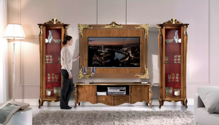 Wunnwand Set 4-Deel. Wunnzëmmer Vitrin RTV Regal Luxus Klassesch Nei