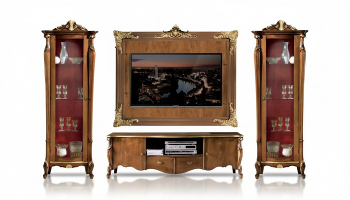 Wunnwand Set 4-Deel. Wunnzëmmer Vitrin RTV Regal Luxus Klassesch Nei