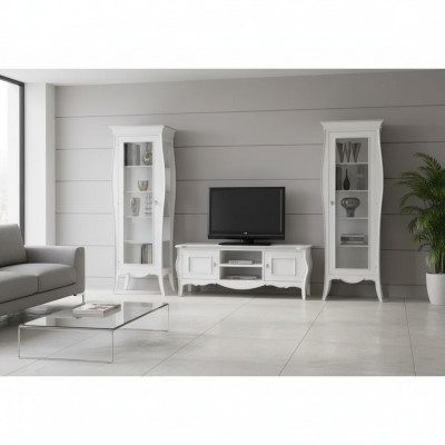 TV-Ständer, Regal, Luxus Wunnzëmmer, Wäiss Anbauwand mat 2x Vitrinn.