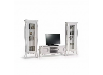 TV-Ständer, Regal, Luxus Wunnzëmmer, Wäiss Anbauwand mat 2x Vitrinn.