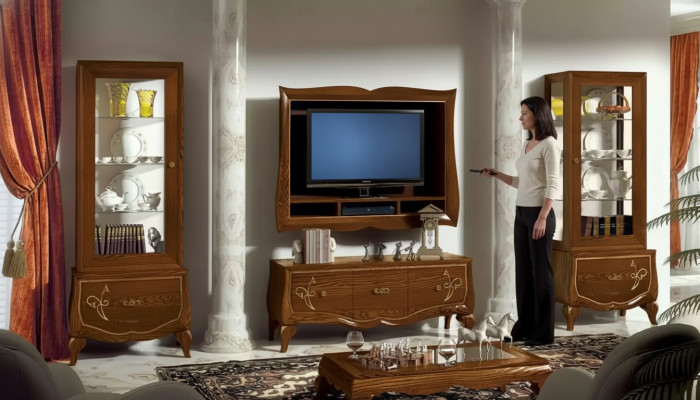 Wunnwand RTV Lowboard TV-Rahmen 2x Vitrinn Braun Wunnzëmmer Set 4tlg