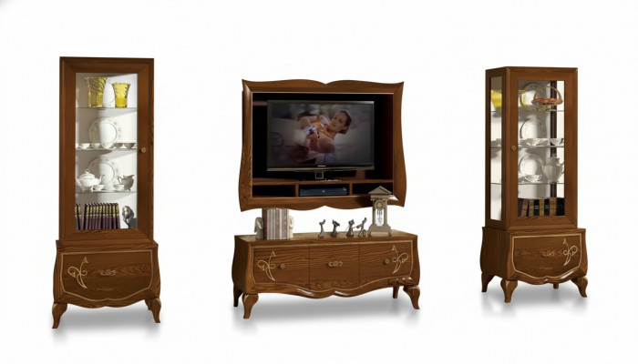 Wunnwand RTV Lowboard TV-Rahmen 2x Vitrinn Braun Wunnzëmmer Set 4tlg