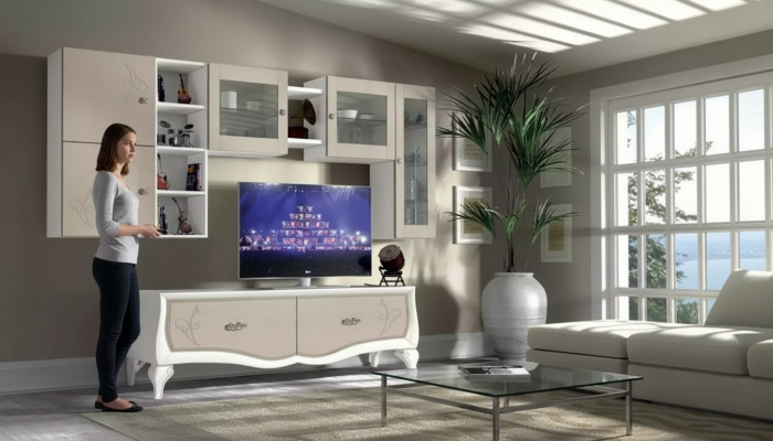 Wunnwand Wunnzëmmer Luxus Set Vitrin Lowboard Mauerregal TV 5 Stéck. Nei
