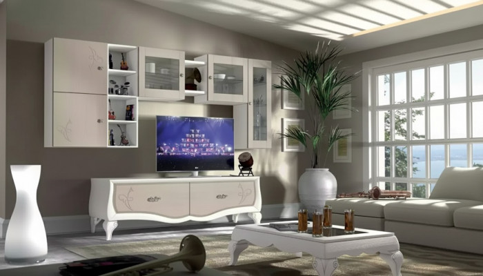 Wunnwand Wunnzëmmer Luxus Set Vitrin Lowboard Mauerregal TV 5 Stéck. Nei