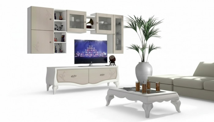 Wunnwand Wunnzëmmer Luxus Set Vitrin Lowboard Mauerregal TV 5 Stéck. Nei