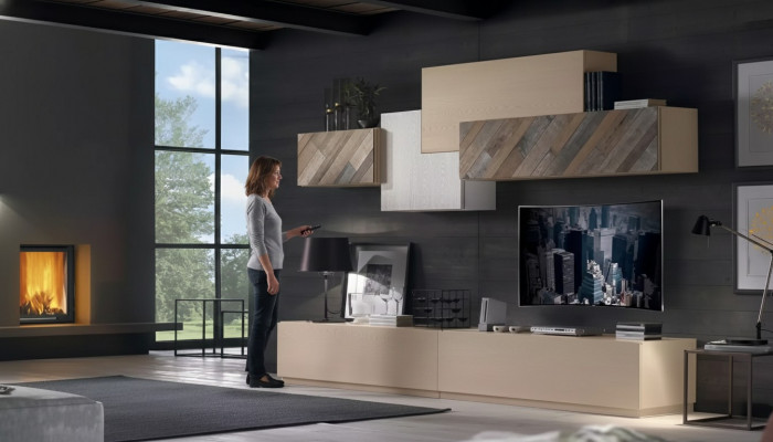 Wunnzëmmer Komplett Set Lowboard RTV Schaf Wand Garnitur Luxus Nei