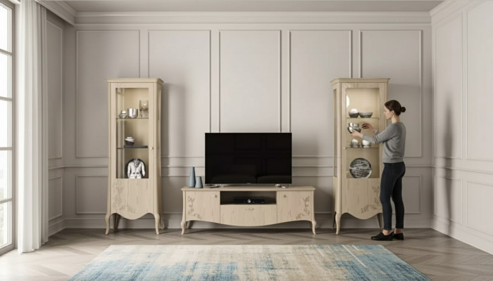 Wunnzëmmer rtv Vitrinn Anricht Regal Luxus Wunn Zëmmer Béis Set 3stéck.